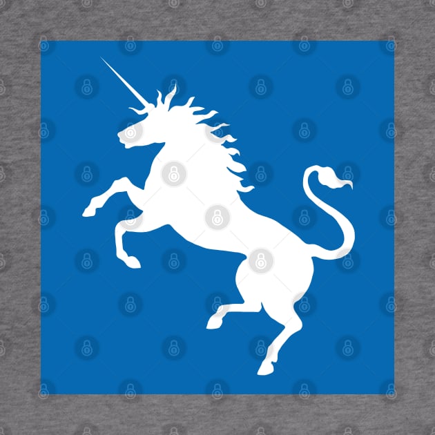 White Coloured Rearing Scottish Unicorn On Saltire Blue Background by MacPean